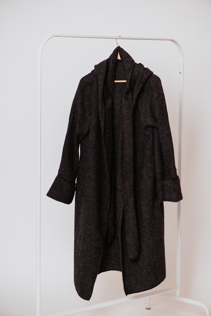 Playful black handmade kimono wool coat-cardigan